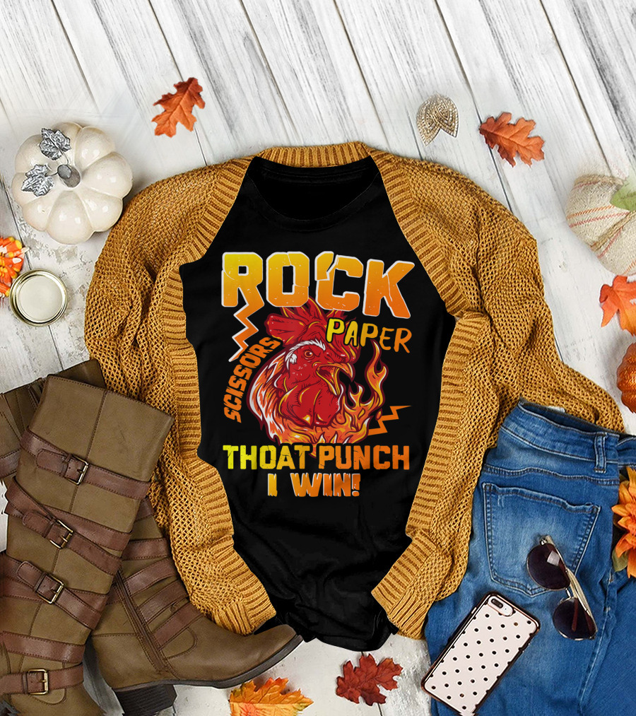 ROCK PAPER SCISSORS THROAT PUNCH I WIN FLAMING ROOSTER T-Shirt