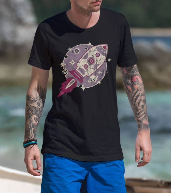 Rocket Planet Stars Galaxy Scifi Cosmos Retro Space Adventure T-Shirt