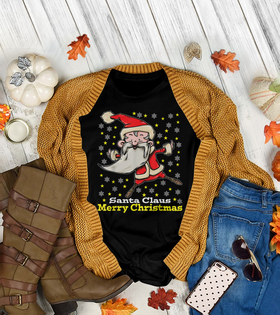Santa Claus Merry Christmas with Snowflakes and Stars T-Shirt