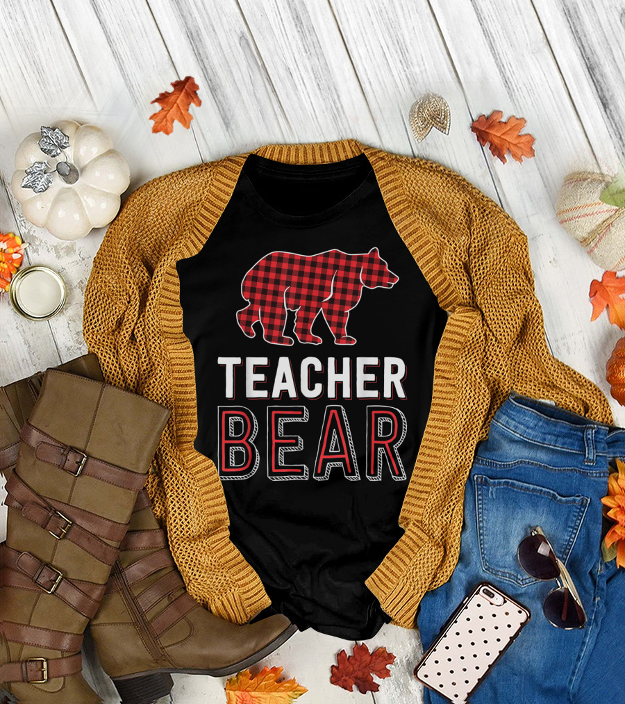 Teacher Bear Red Buffalo Plaid T-Shirt