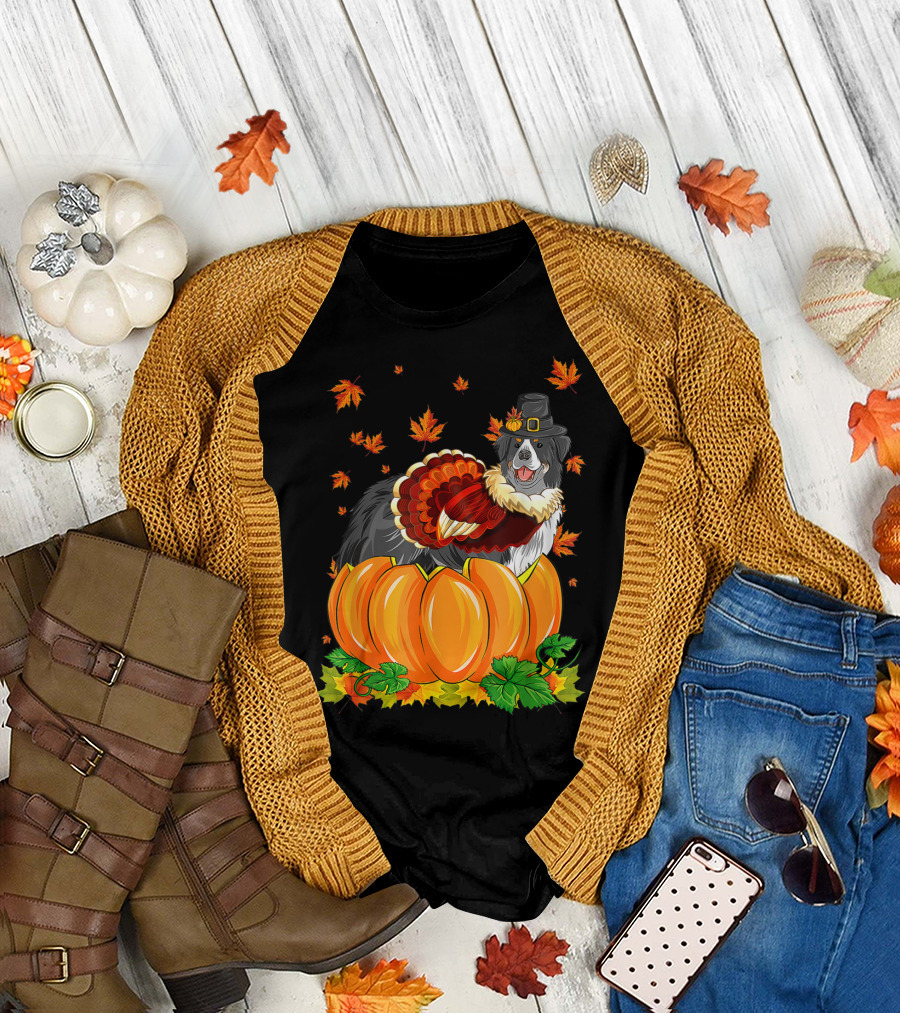 Thanksgiving Bernese Mountain Dog in Pilgrim Hat with Turkey and Pumpkin T-Shirt