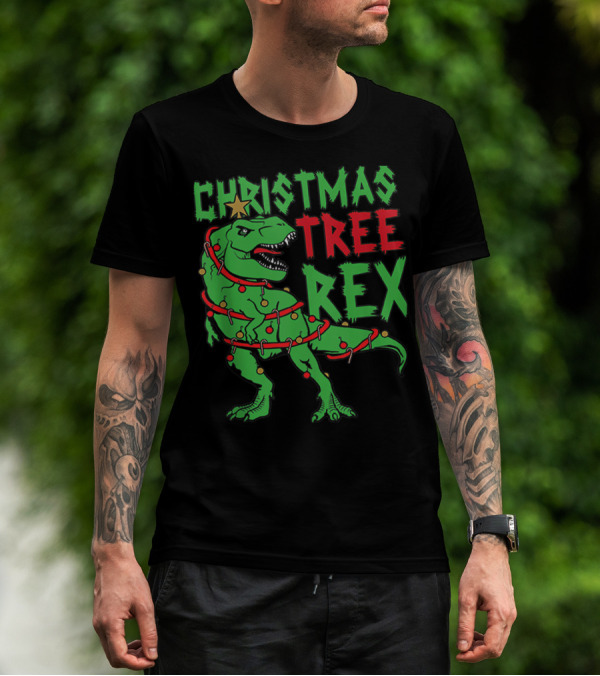 Christmas Tree Rex Dinosaur Wrapped In Lights And Decorations T-Shirt