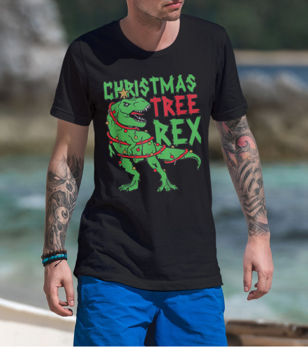 Christmas Tree Rex Dinosaur Wrapped In Lights And Decorations T-Shirt