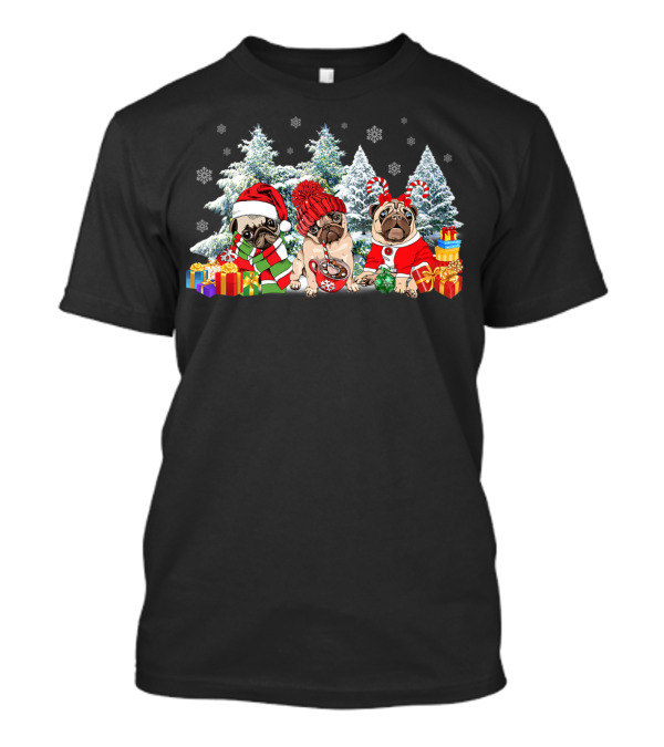 Three Pug Dogs Christmas Reindeer Gifts In Festive Santa Hats And Cozy Winter Scarves With Snowy Trees And Colorful Presents T-Shirt