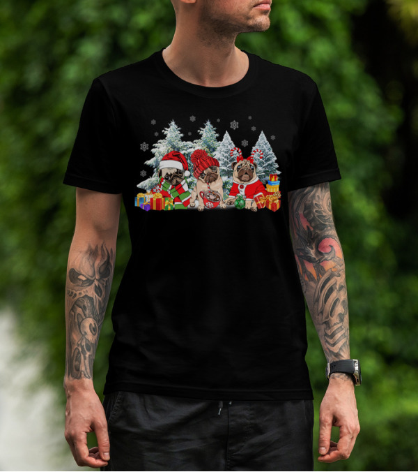 Three Pug Dogs Christmas Reindeer Gifts In Festive Santa Hats And Cozy Winter Scarves With Snowy Trees And Colorful Presents T-Shirt