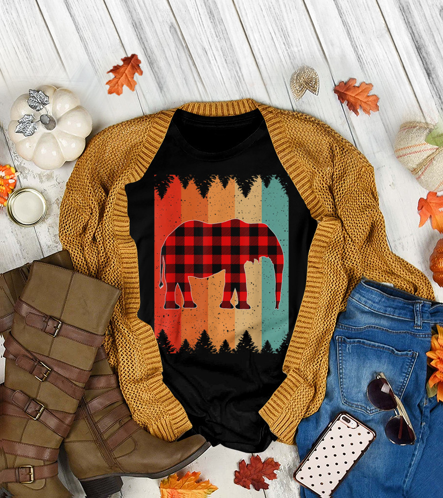 Vintage Buffalo Plaid African Elephant Rainbow Forest Background T-Shirt