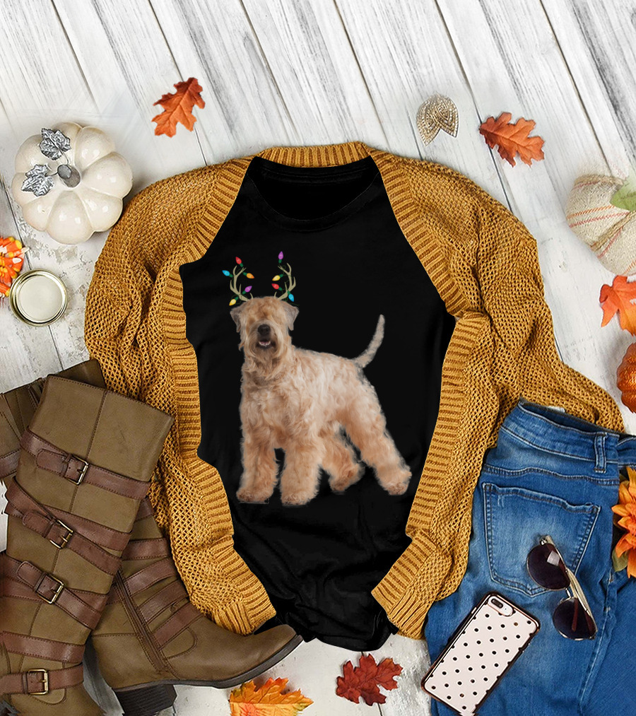 Wheaten Terrier with Christmas Lights Antlers in Festive Reindeer T-Shirt