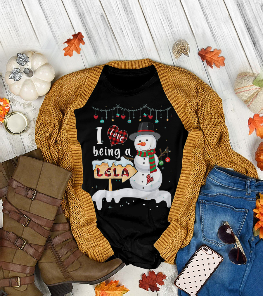 I Love Being A Lela Christmas Snowman with Heart and Christmas Ornaments T-Shirt