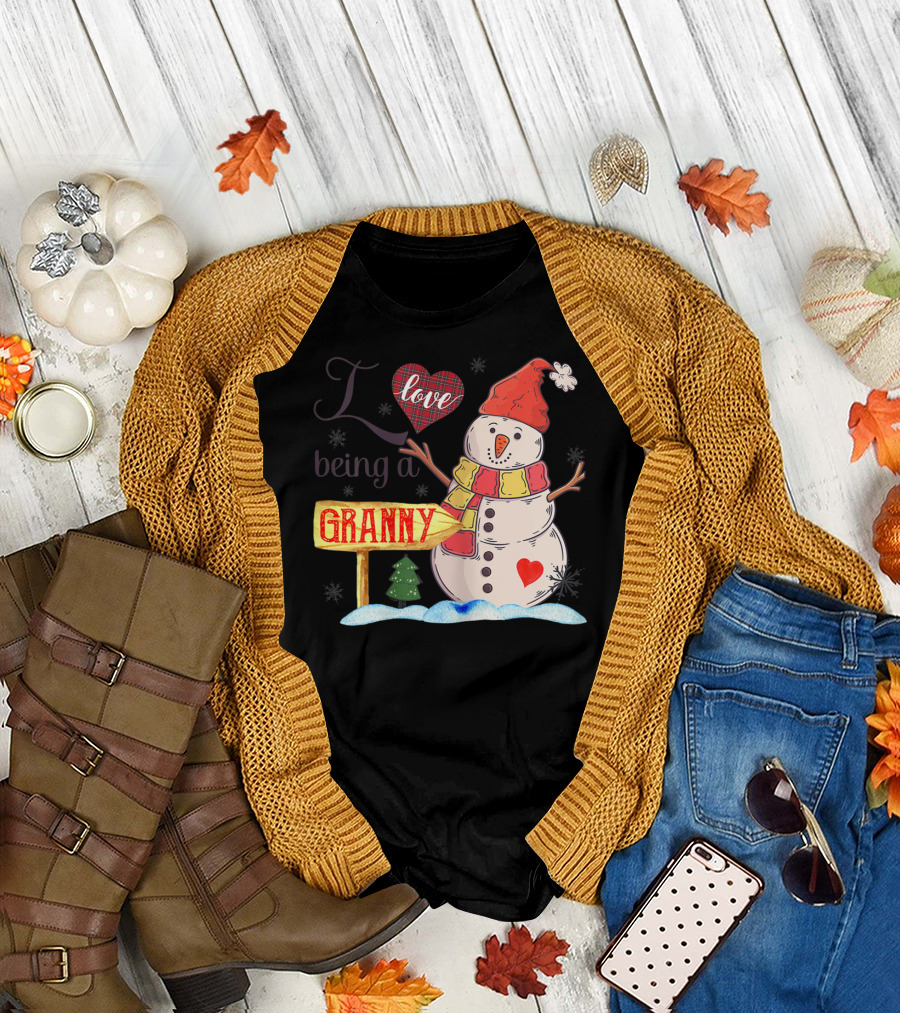 I Love Being a Granny Snowman with Heart and Plaid Accents T-Shirt