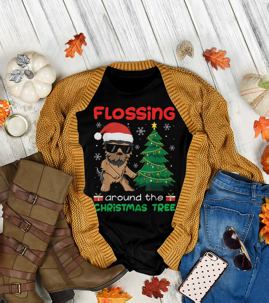 FLOSSING Yorkie Dogs Around the Christmas Tree Xmas Pet T-Shirt