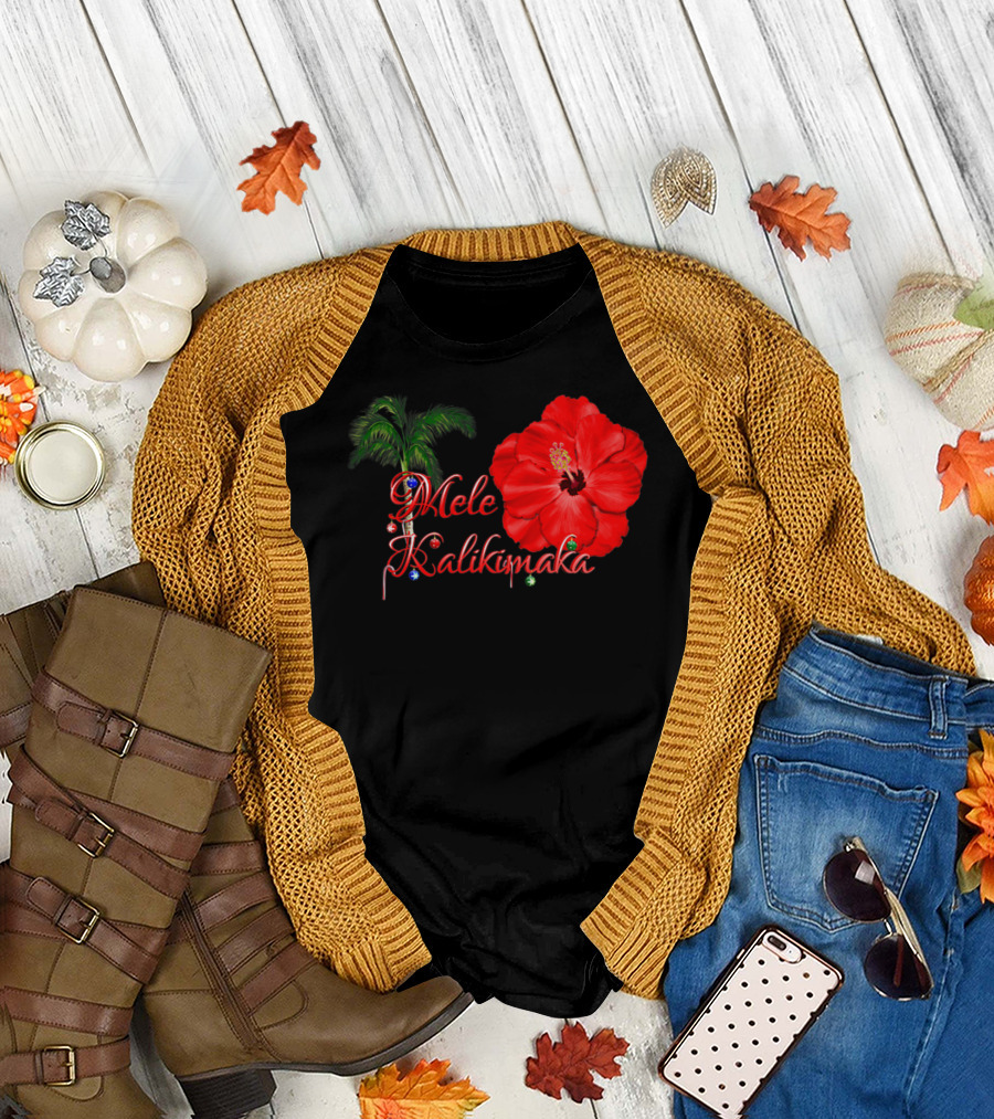 Mele Kalikimaka Red Hibiscus and Palm Tree Tropical Christmas T-Shirt