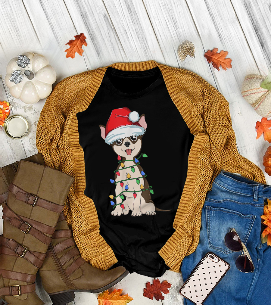 Chihuahua Wrapped in Christmas Lights with Santa Hat T-Shirt