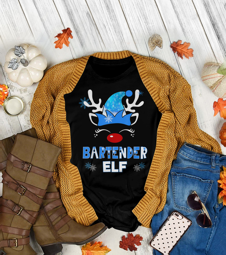 Bartender Elf Christmas Costume Blue Holiday Snowflakes T-Shirt