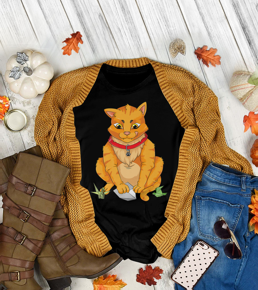 Cute Cat Playing with Origami Paper Planes and Folded T-Shirt