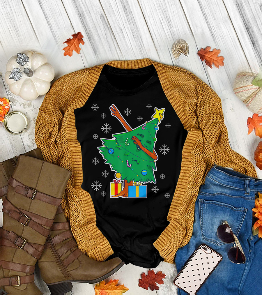 Dabbing Christmas Tree with Star and Presents Surrounded by Snowflakes T-Shirt