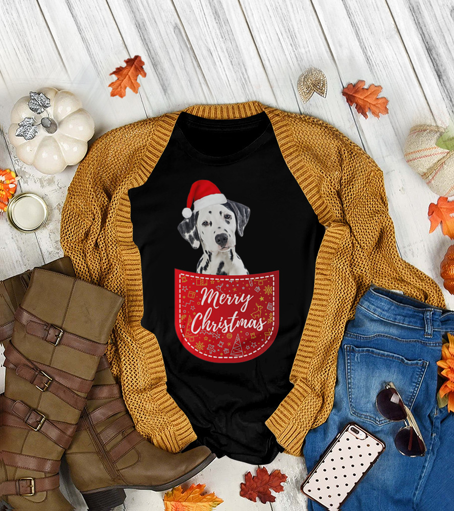 Dalmatian in Santa Hat with Merry Christmas Pocket T-Shirt