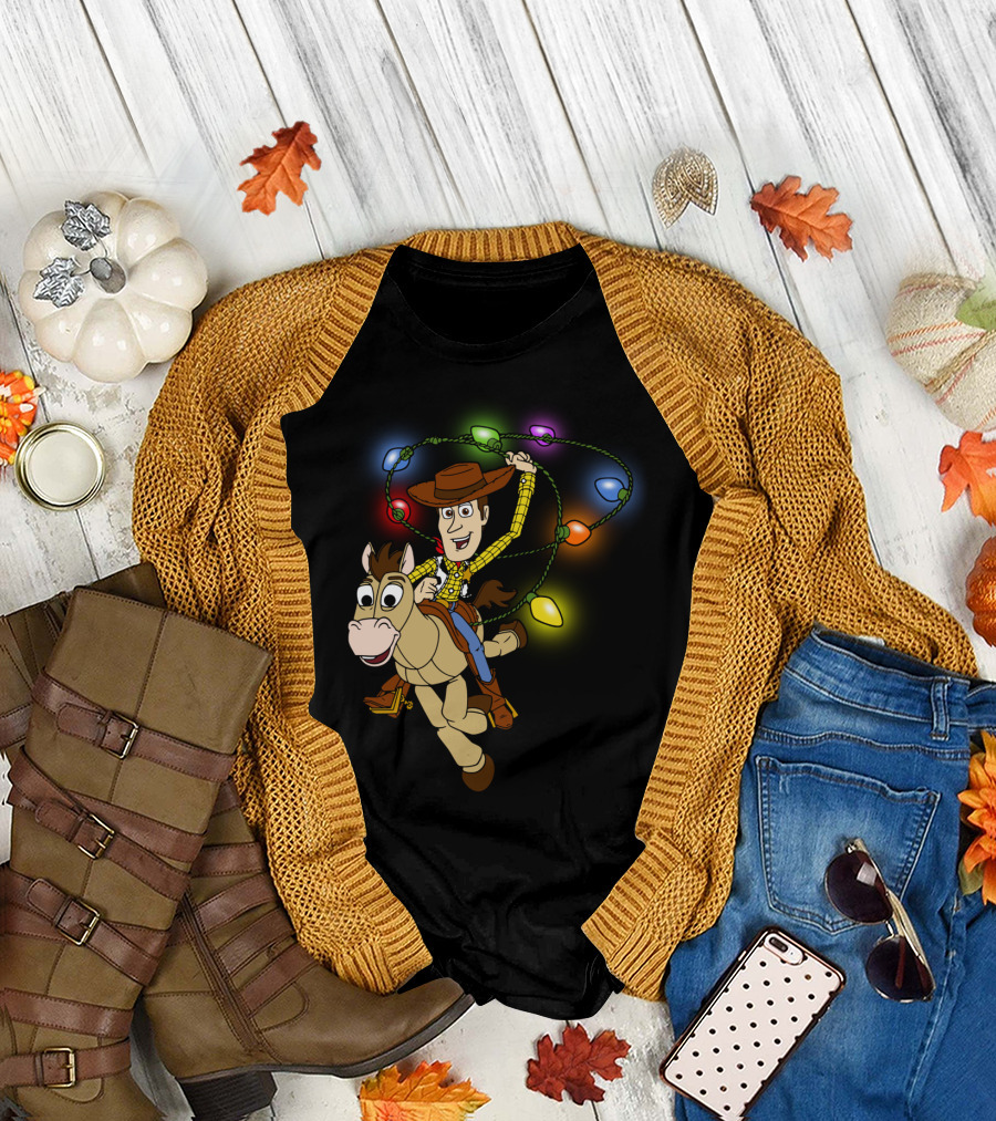Woody Riding Bullseye with Christmas Lights Disney Pixar Toy Story T-Shirt