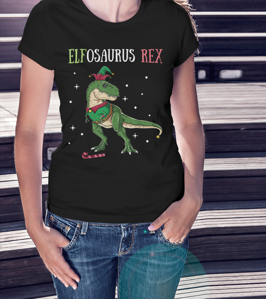 Elfosaurus Rex Elf Dinosaur Christmas T-Rex With Candy Cane T-Shirt