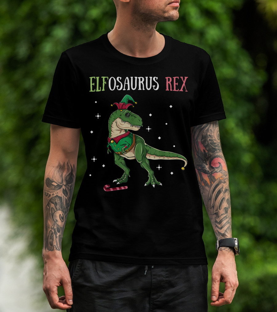 Elfosaurus Rex Elf Dinosaur Christmas T-Rex With Candy Cane T-Shirt