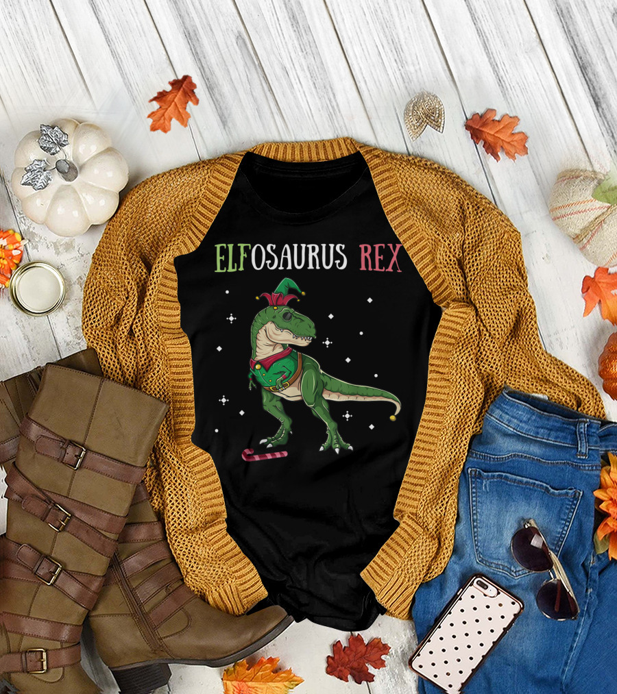 Elfosaurus Rex Elf Dinosaur Christmas T-Rex With Candy Cane T-Shirt