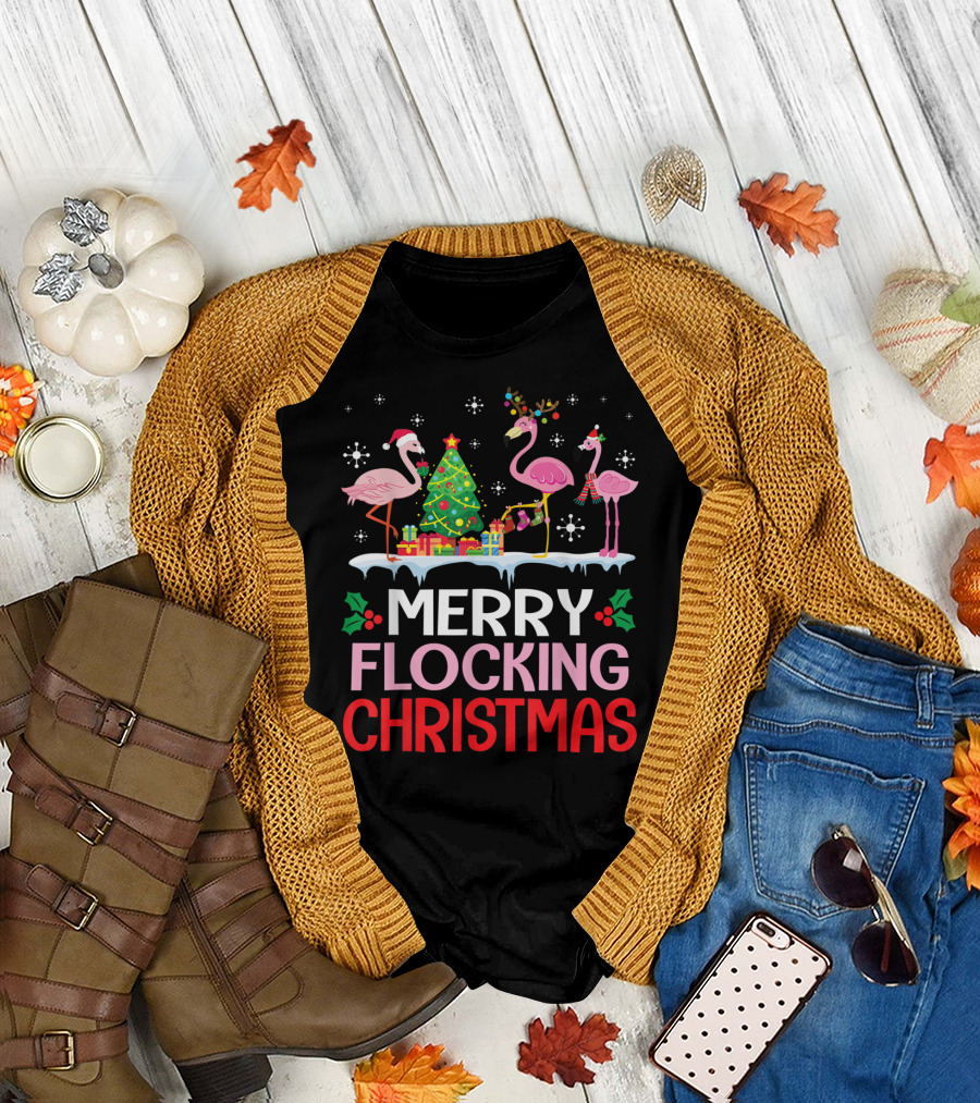 Merry Flocking Christmas Flamingo Noel Hats Dancing On Snow T-Shirt