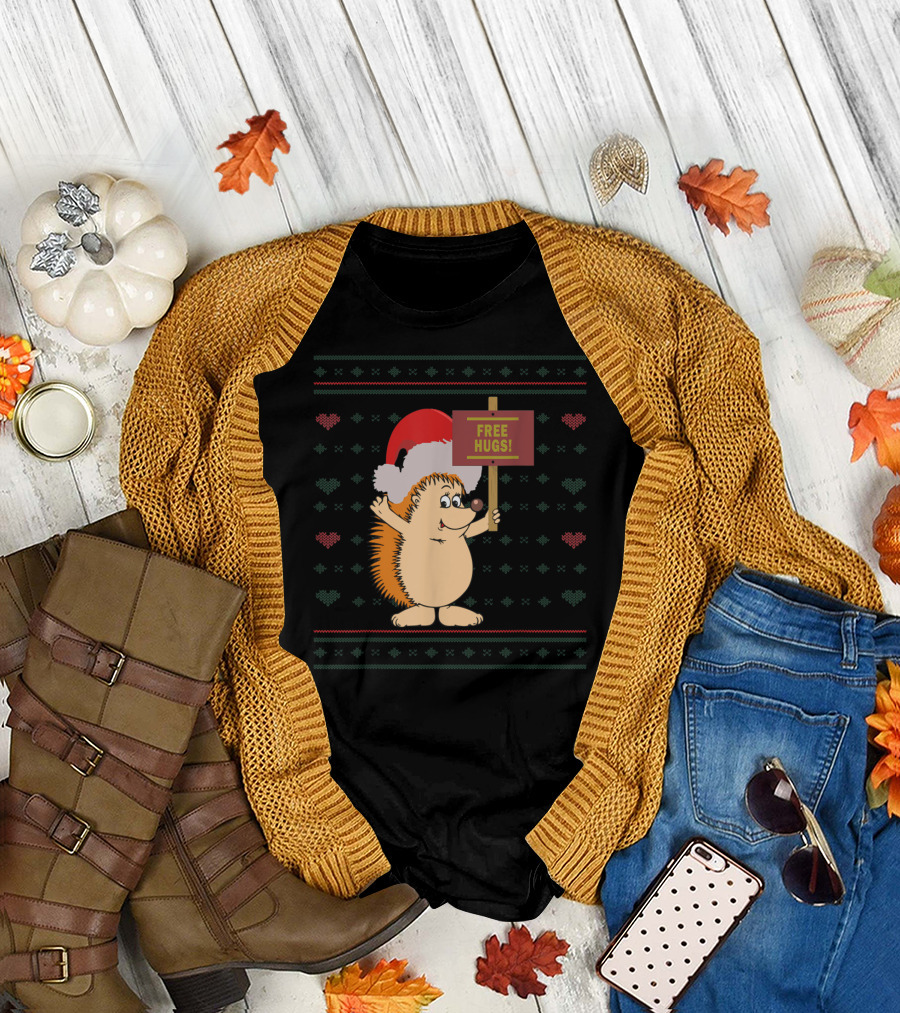 Free Hugs Hedgehog Lovers Christmas Santa Hat T-Shirt