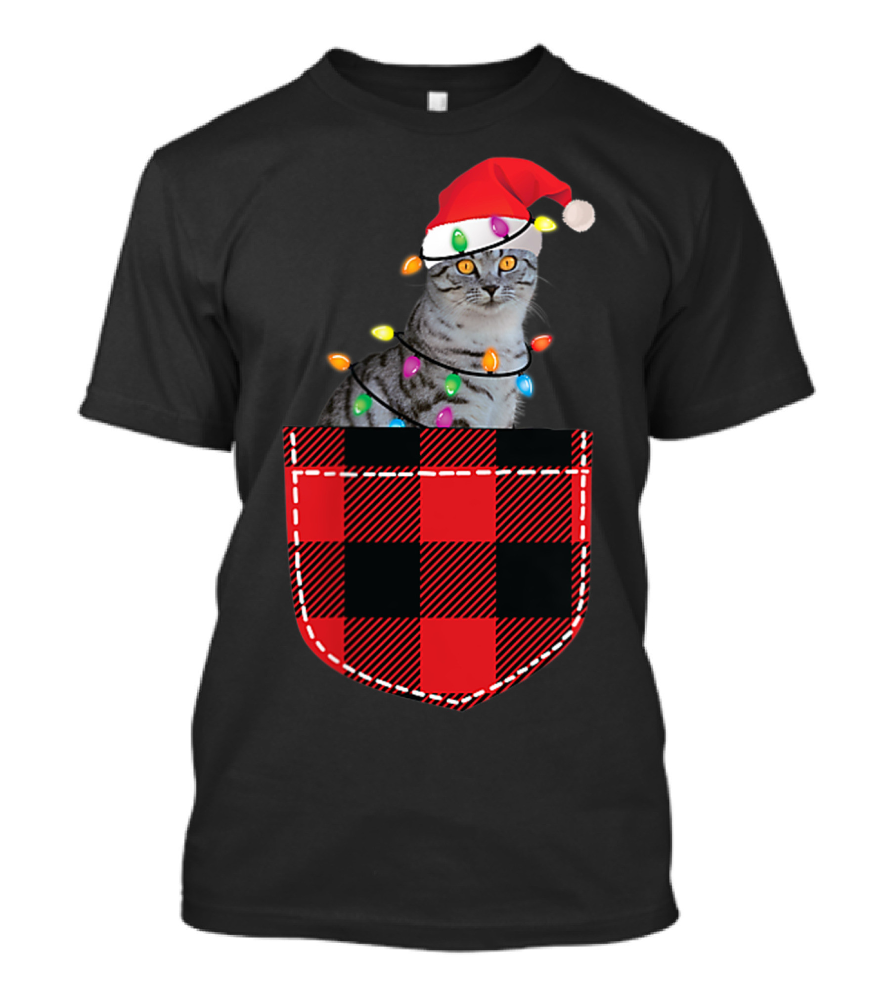 Funny Cat In Plaid Pocket With Christmas Lights And Santa Hat T-Shirt