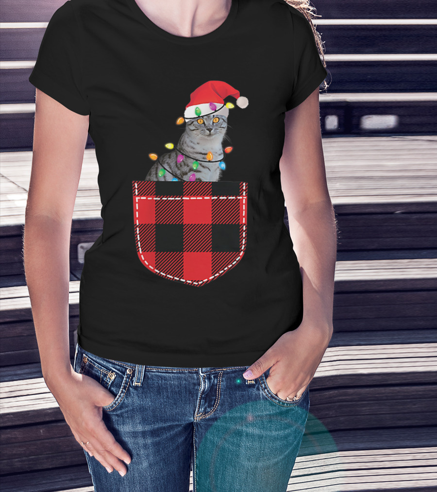 Funny Cat In Plaid Pocket With Christmas Lights And Santa Hat T-Shirt