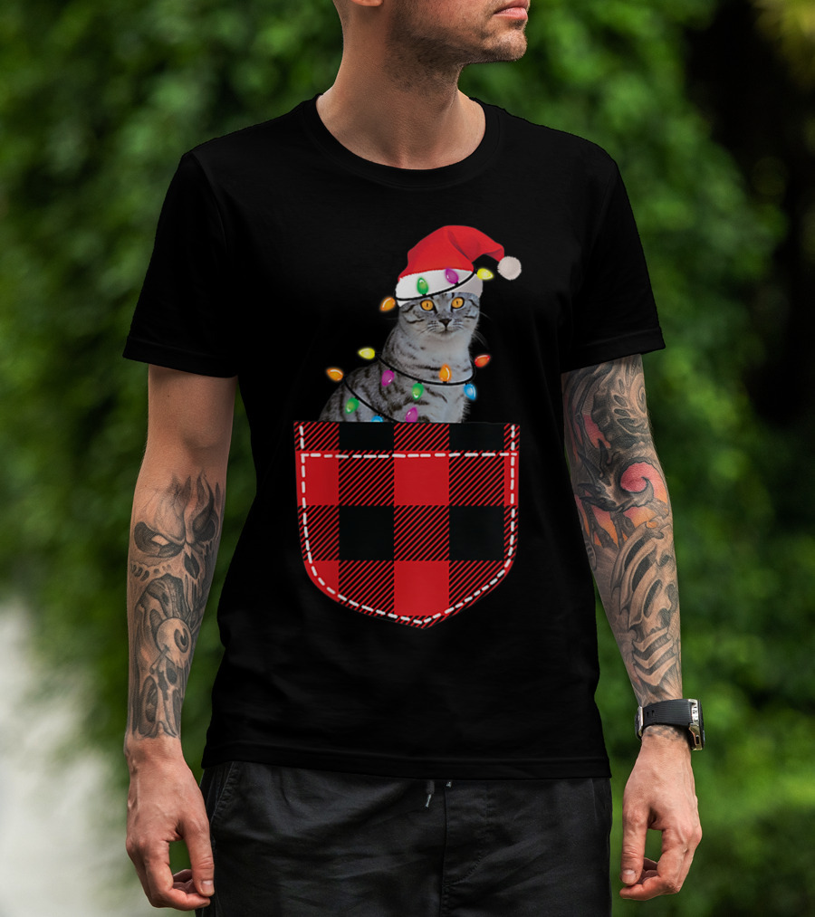 Funny Cat In Plaid Pocket With Christmas Lights And Santa Hat T-Shirt
