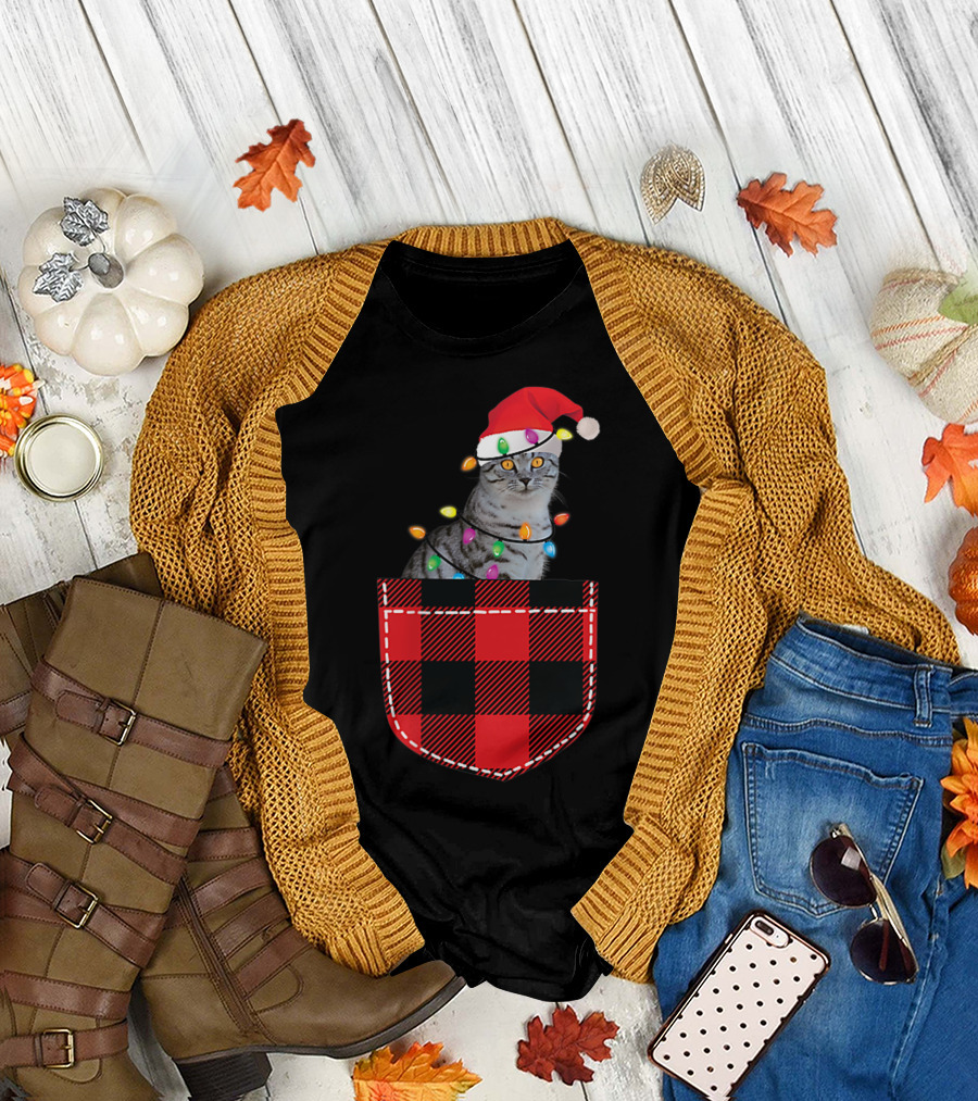 Funny Cat In Plaid Pocket With Christmas Lights And Santa Hat T-Shirt
