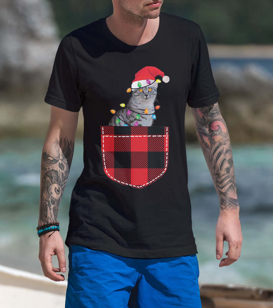 Funny Cat In Plaid Pocket With Christmas Lights And Santa Hat T-Shirt