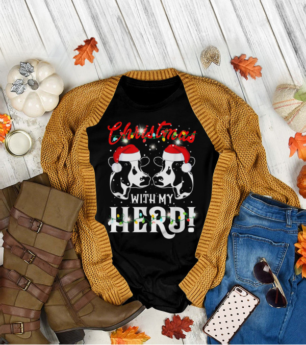 Christmas With My Herd Cow Cattle Farmer Santa Hats T-Shirt