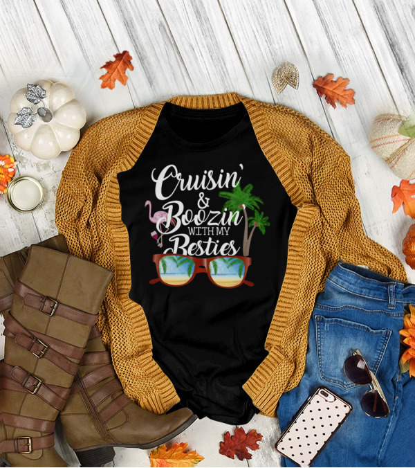 Cruisin' And Boozin' With My Besties Flamingo Tropical Vacation T-Shirt