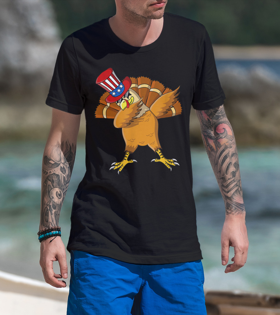 Thanksgiving Dabbing Turkey With Patriotic Uncle Sam Hat T-Shirt