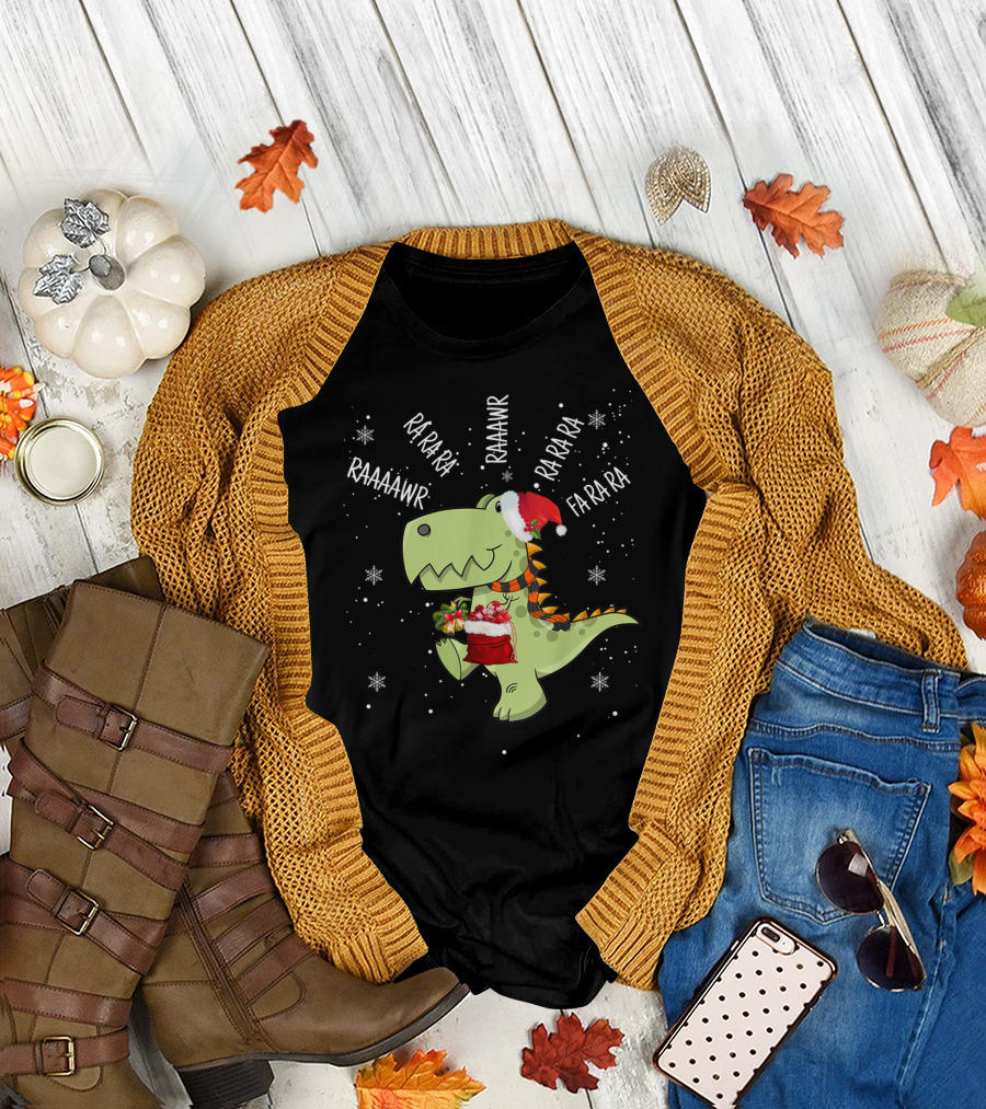 Fa Ra Ra Ra Rawr Raaawr Trex Christmas Dinosaur Santa Hat T-Shirt