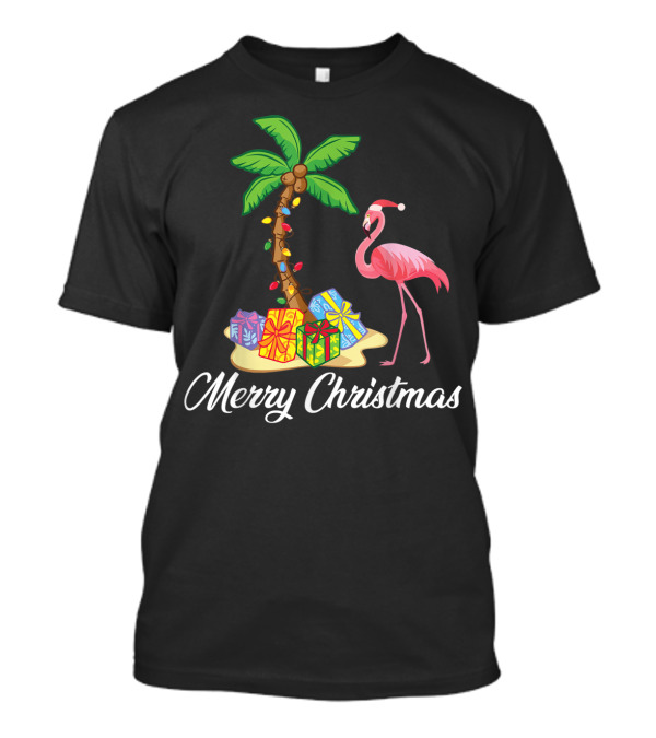 Funny Flamingo Merry Christmas Palm Tree With Gifts T-Shirt