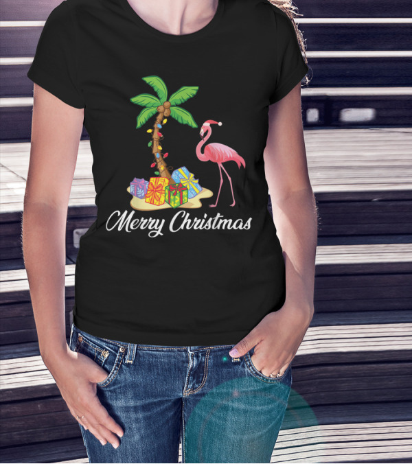 Funny Flamingo Merry Christmas Palm Tree With Gifts T-Shirt