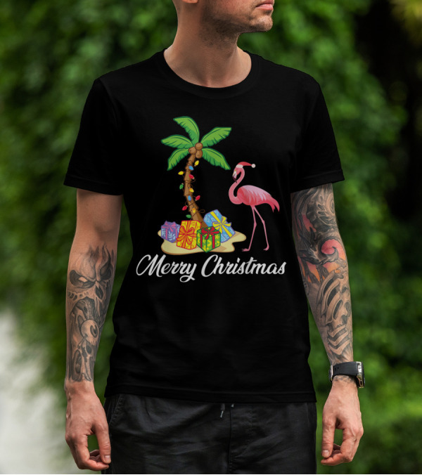 Funny Flamingo Merry Christmas Palm Tree With Gifts T-Shirt