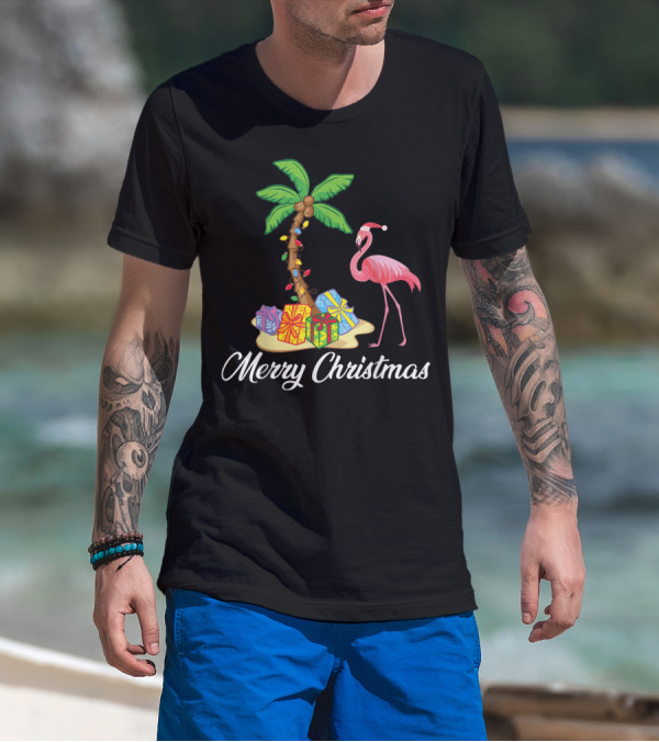 Funny Flamingo Merry Christmas Palm Tree With Gifts T-Shirt