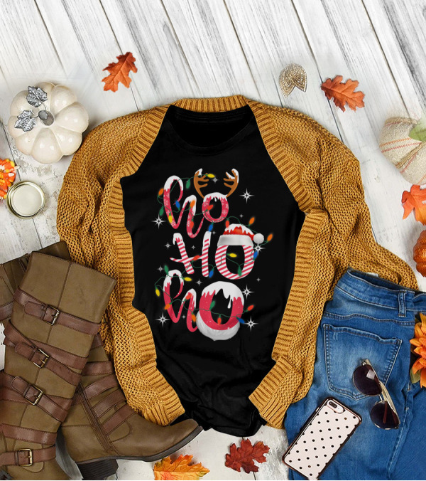 Hohoho Christmas Reindeer Candy Lights Santa Hat T-Shirt