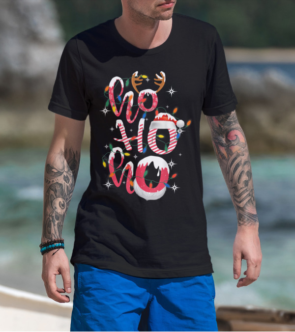 Hohoho Christmas Reindeer Candy Lights Santa Hat T-Shirt