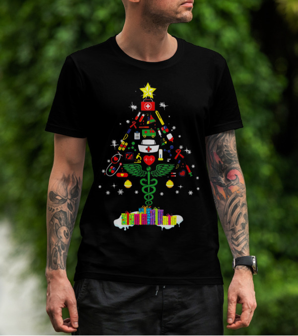 Funny Nurse Xmas Tree Caduceus Merry Christmas T-Shirt