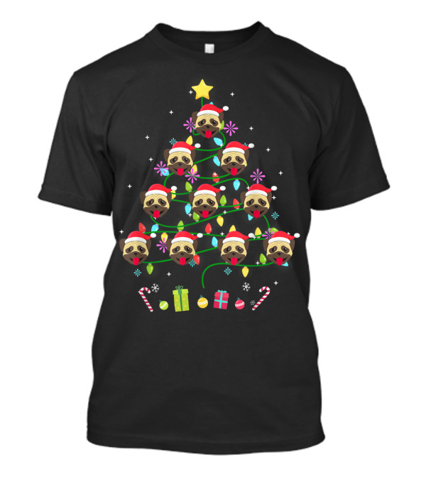 Funny Christmas Tree With Pug Faces Santa Hats And Colorful LED Light Decorations T-Shirt