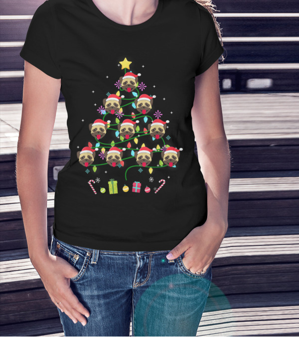 Funny Christmas Tree With Pug Faces Santa Hats And Colorful LED Light Decorations T-Shirt