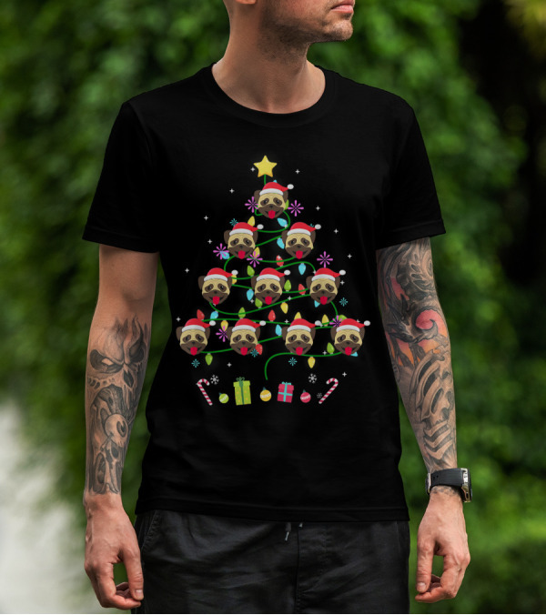 Funny Christmas Tree With Pug Faces Santa Hats And Colorful LED Light Decorations T-Shirt