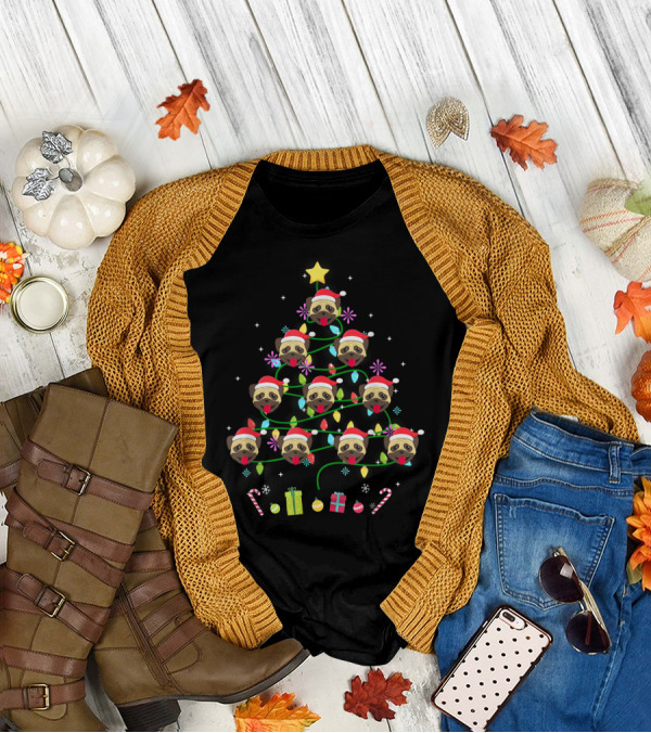 Funny Christmas Tree With Pug Faces Santa Hats And Colorful LED Light Decorations T-Shirt