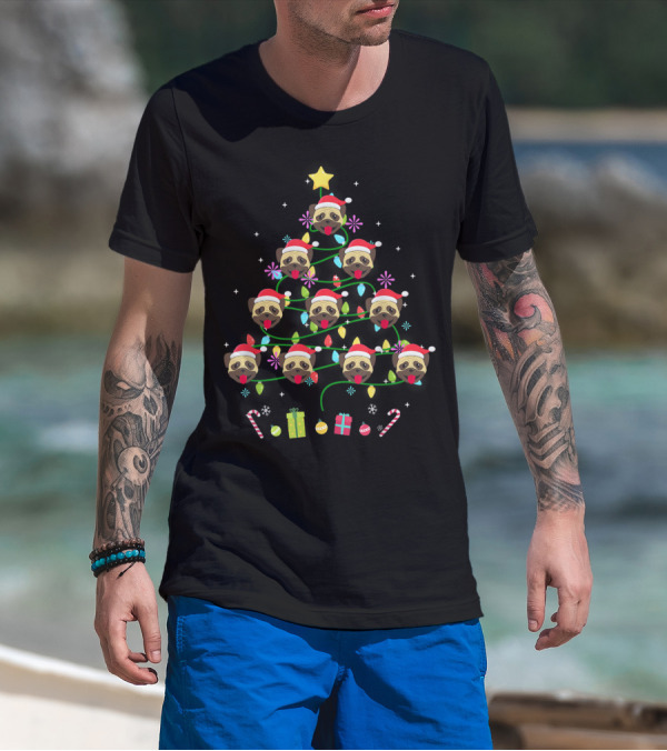 Funny Christmas Tree With Pug Faces Santa Hats And Colorful LED Light Decorations T-Shirt