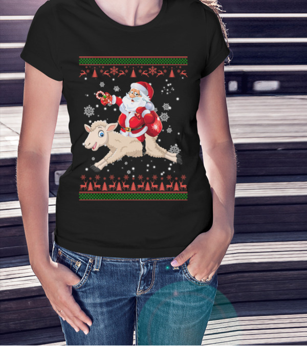 Funny Santa Riding Sheep Ugly Christmas Sweater Snowflakes Reindeer T-Shirt
