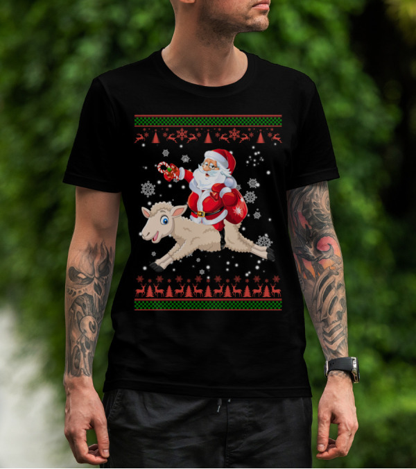 Funny Santa Riding Sheep Ugly Christmas Sweater Snowflakes Reindeer T-Shirt