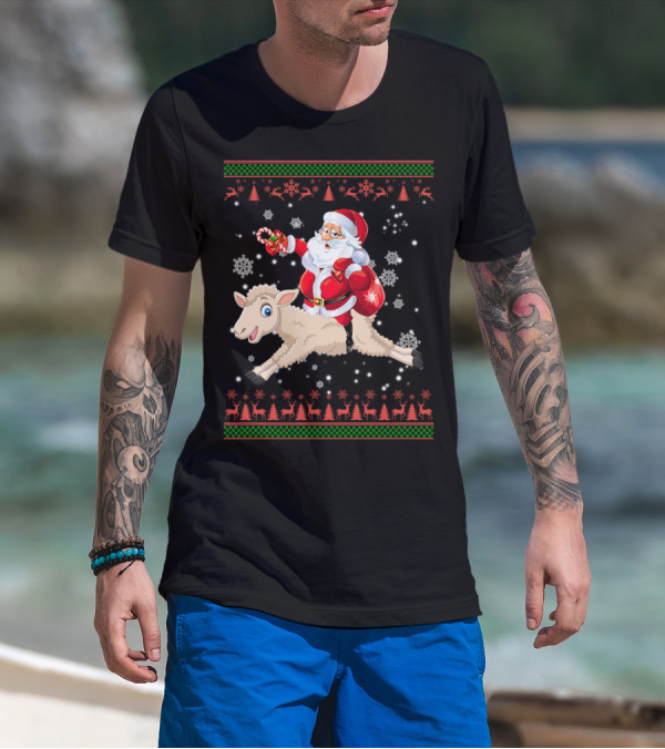 Funny Santa Riding Sheep Ugly Christmas Sweater Snowflakes Reindeer T-Shirt